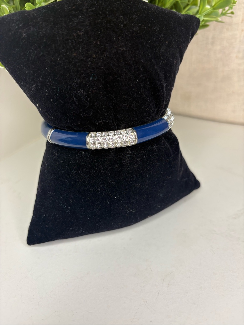 Vintage Blue Enamel Rhinestone Hinged Bangle Bracelet Silver Tone Glam Deco